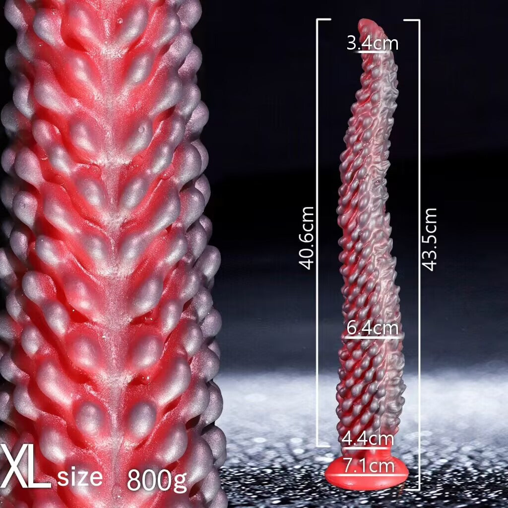 Extra large size XL fantasy silicone dildo dimensions showing 43.5cm total length and 800g weight.