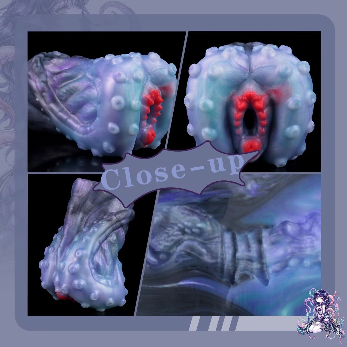 Close up view of red textured entry orifice and sucker design on falling star tentacle male stroker.