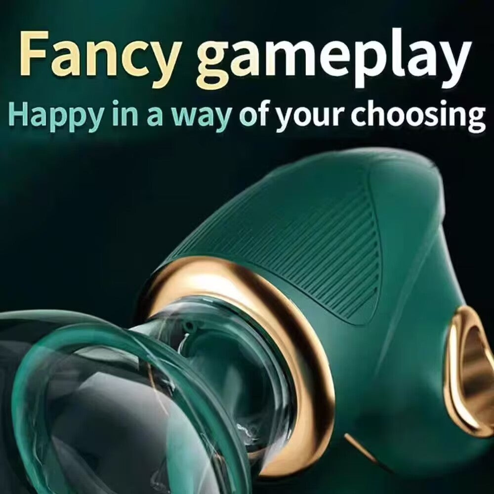 Close-up detail of green suction cup with built-in vibrating silicone tongue for dual-action pleasure.