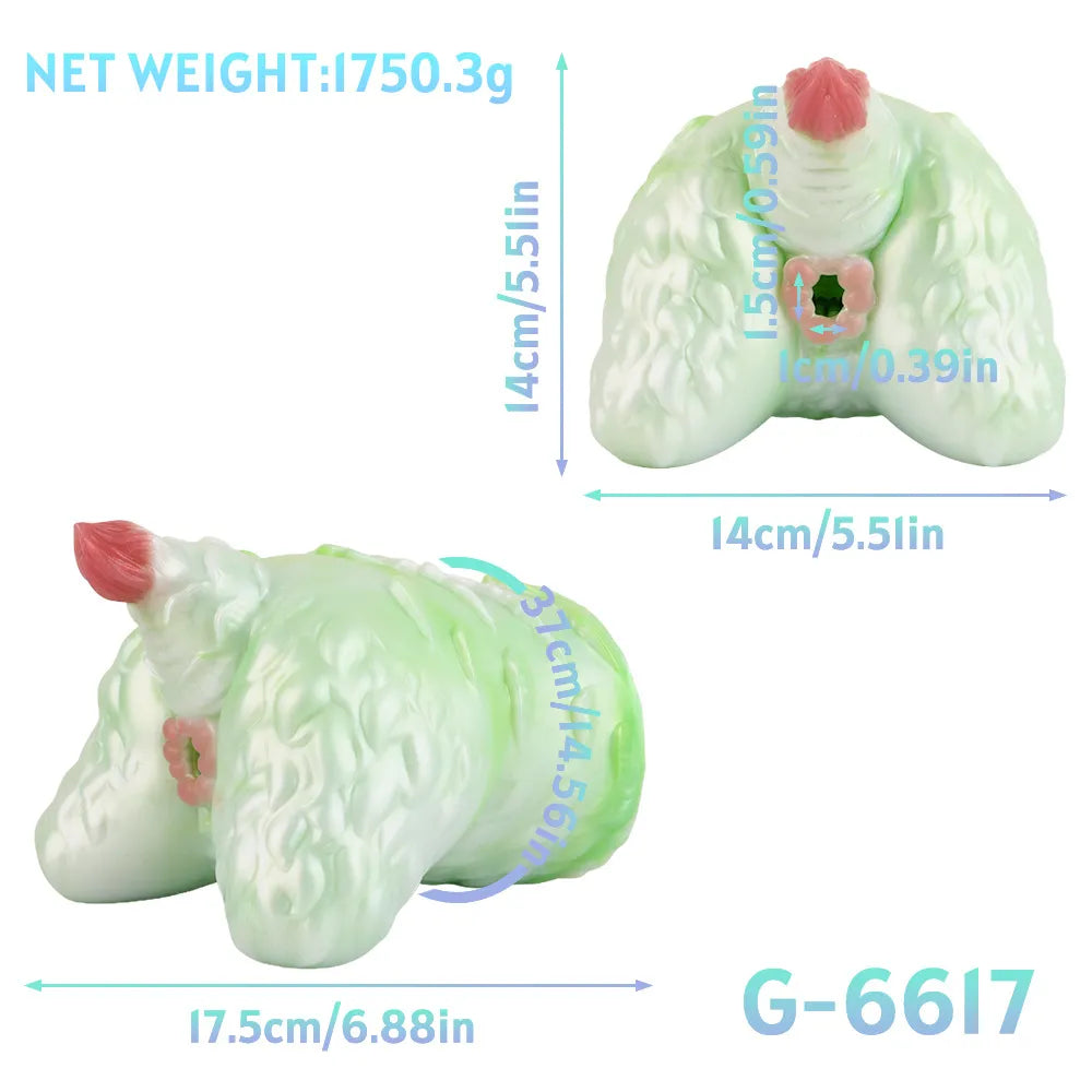 Detailed size chart and dimensions of the Fantasy Beast Furry Male Masturbator G-6617 showing 1750.3g net weight.