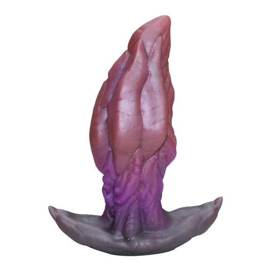 Side profile of a purple silicone fantasy creature toy for anal play.