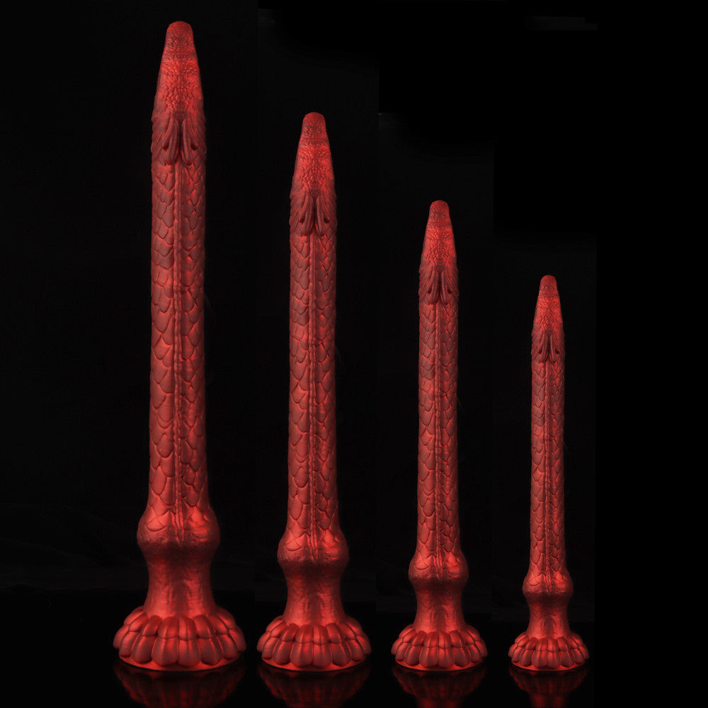 Four different sizes of the crimson beast fantasy dildo standing vertically, from small size up to extra large giant size.