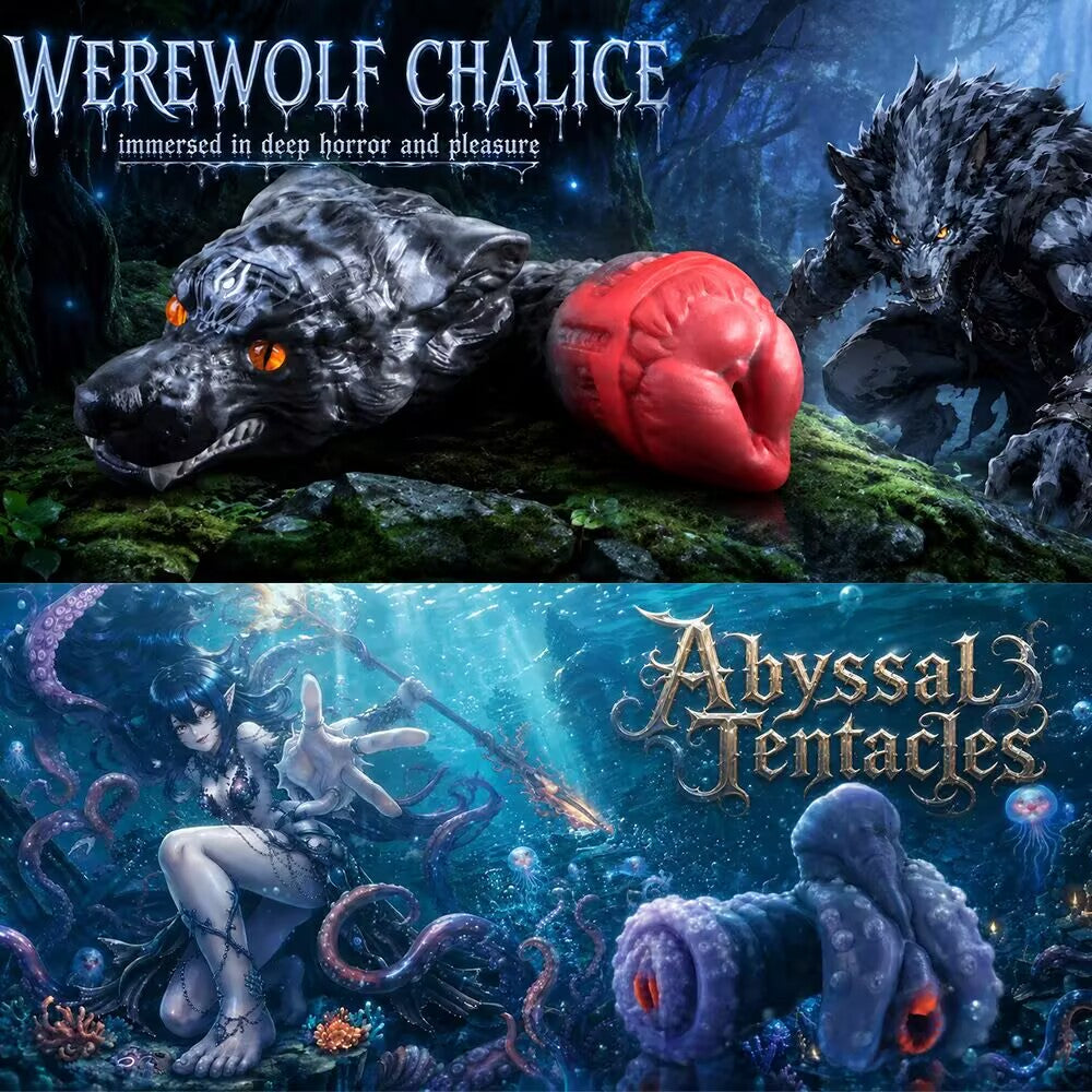 Werewolf Chalice and Abyssal Tentacles fantasy silicone male stroker sleeves on dark mythical background.