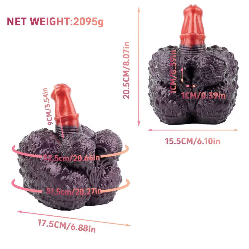 Dimensions diagram of a 2095g fantasy textured silicone dual-end toy featuring a red dildo shaft and ribbed entry channels.