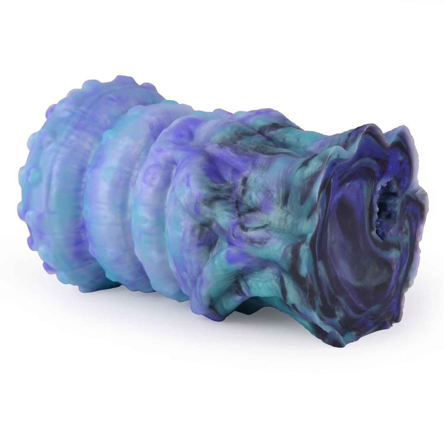 Side base view of blue and purple marble patterned fantasy silicone male stroker.