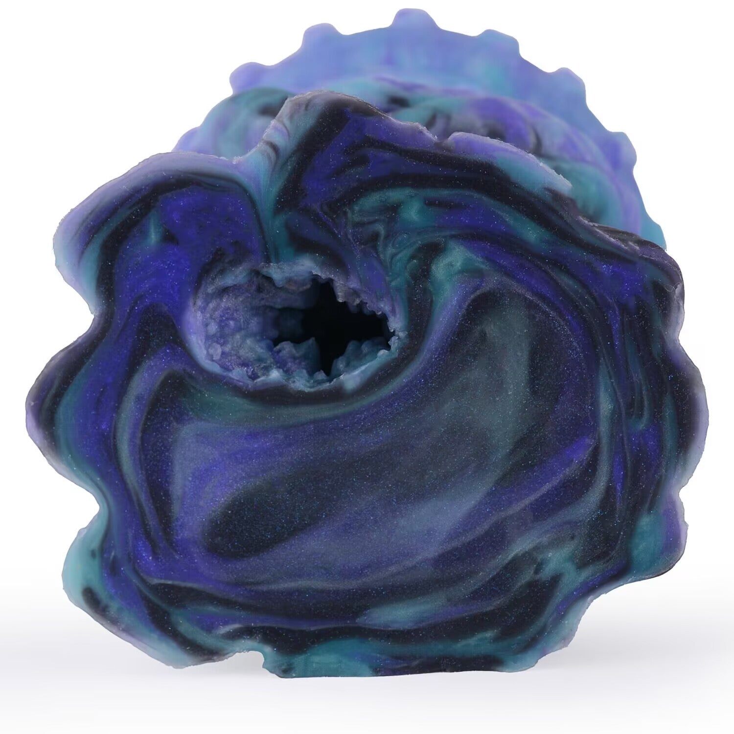 Bottom view showing textured internal channel orifice of fantasy silicone male stroker.