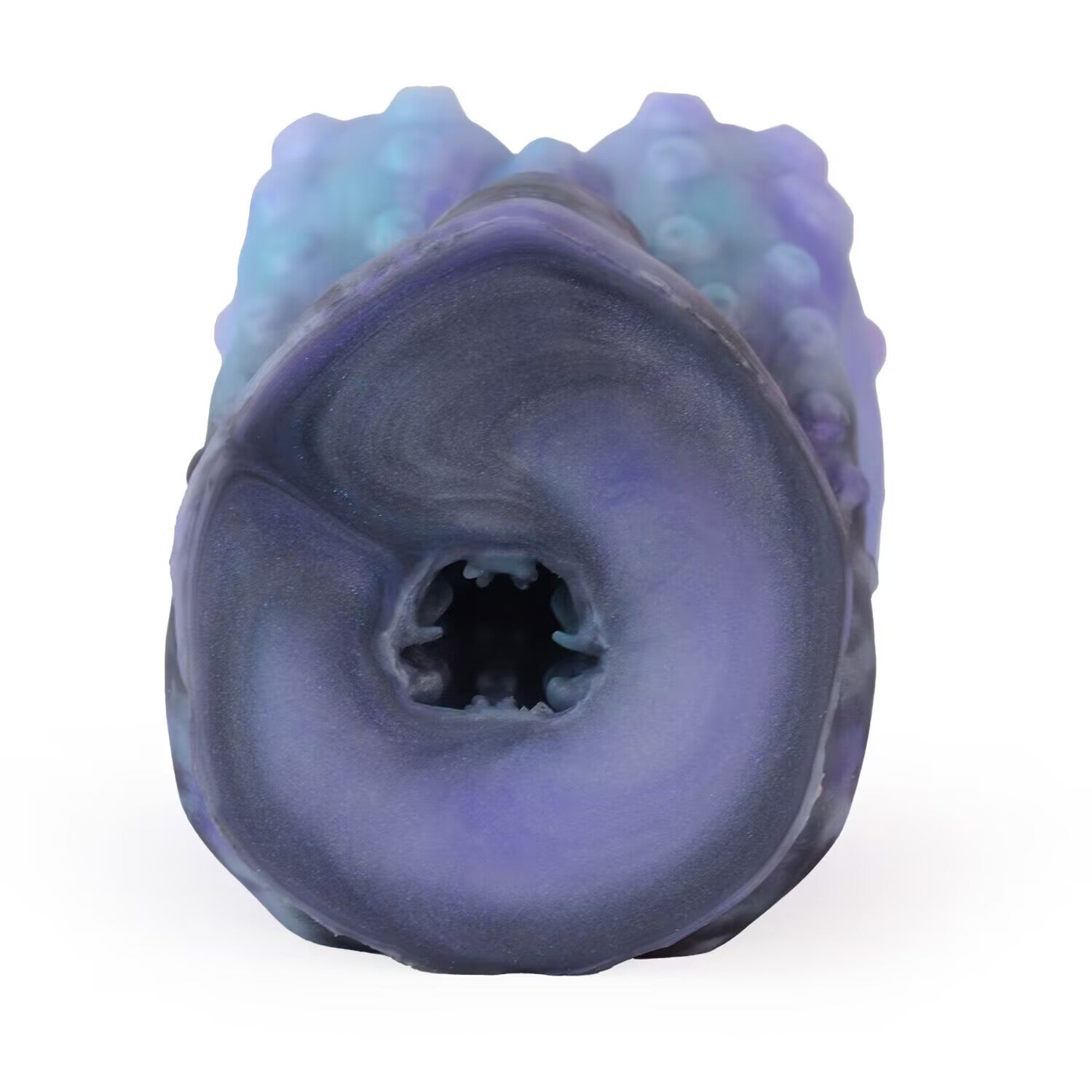 Straight on view of dark swirled silicone base and internal textured tunnel entrance of male stroker.