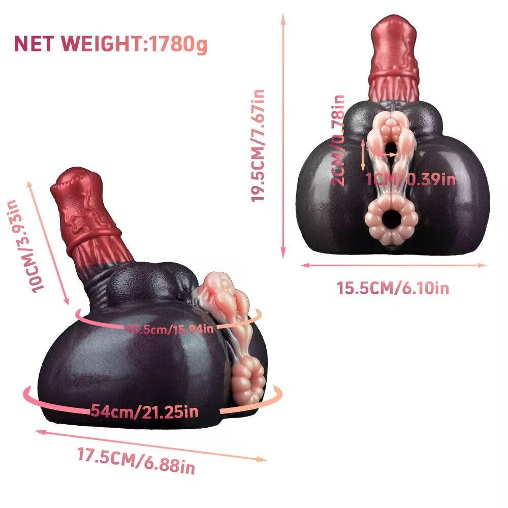 Side and front view of a 1780g fantasy silicone dual-end body toy showing a pink dildo tip, textured masturbator channel, and key dimensions.