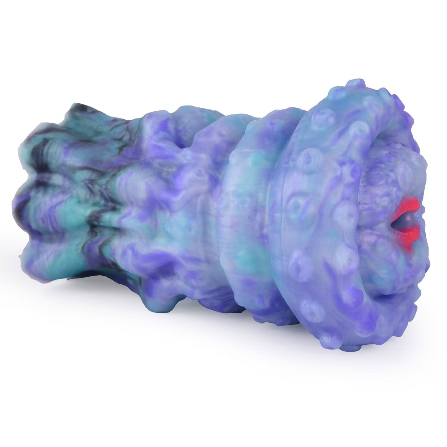 Side view of flexible tentacle male masturbator sleeve with sucker rings and textured body.