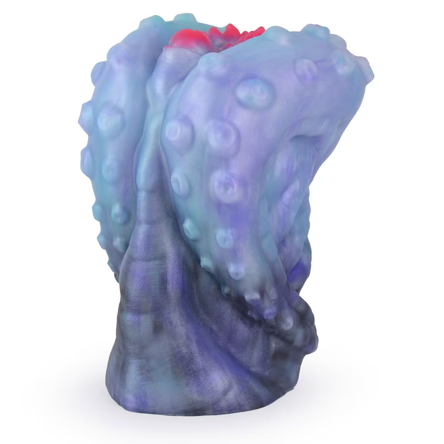 Upright view of fantasy tentacle silicone male stroker sleeve in blue and purple.