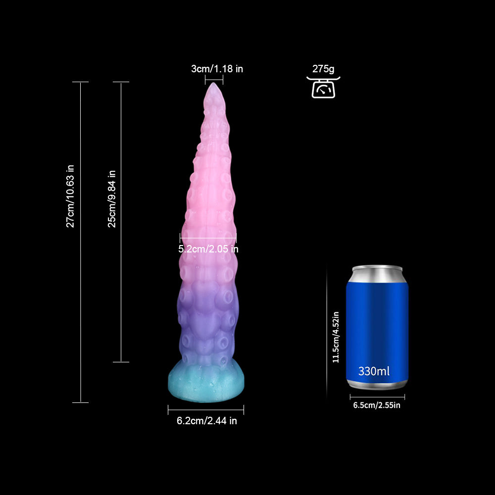 Large 27cm fantasy tentacle toy specs compared to a 330ml blue can.