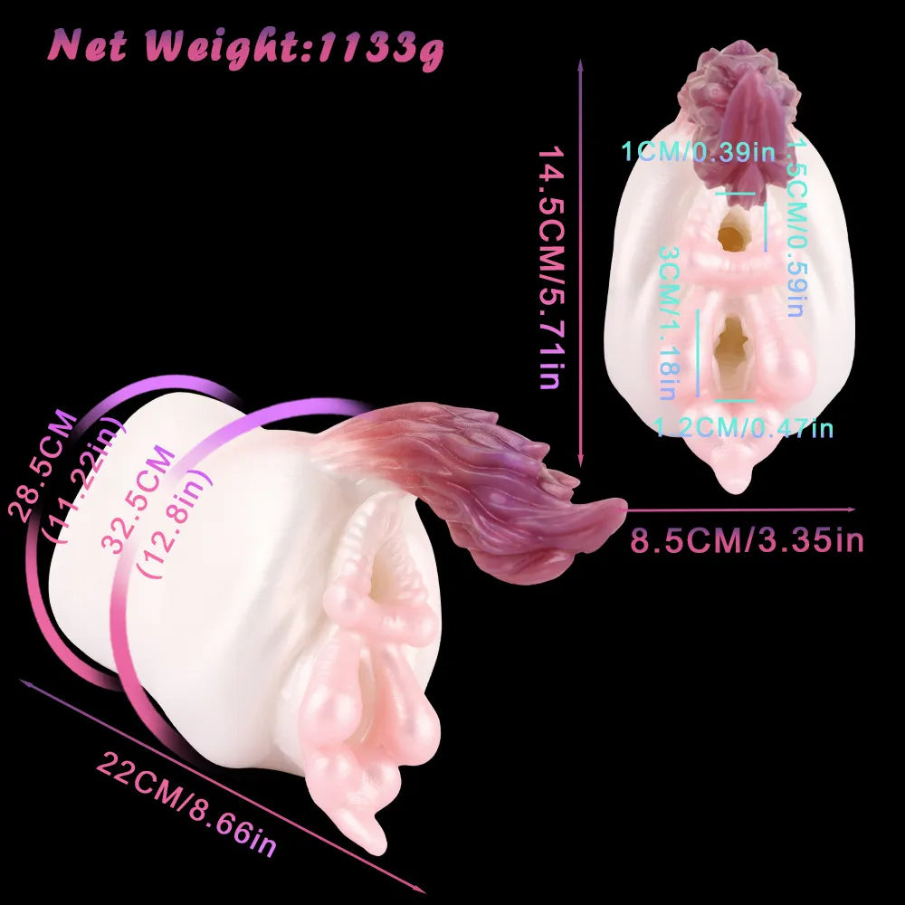 Annotated image showing dimensions and 1133g weight of the fantasy unicorn monster girl dual channel male masturbator with pink tail.