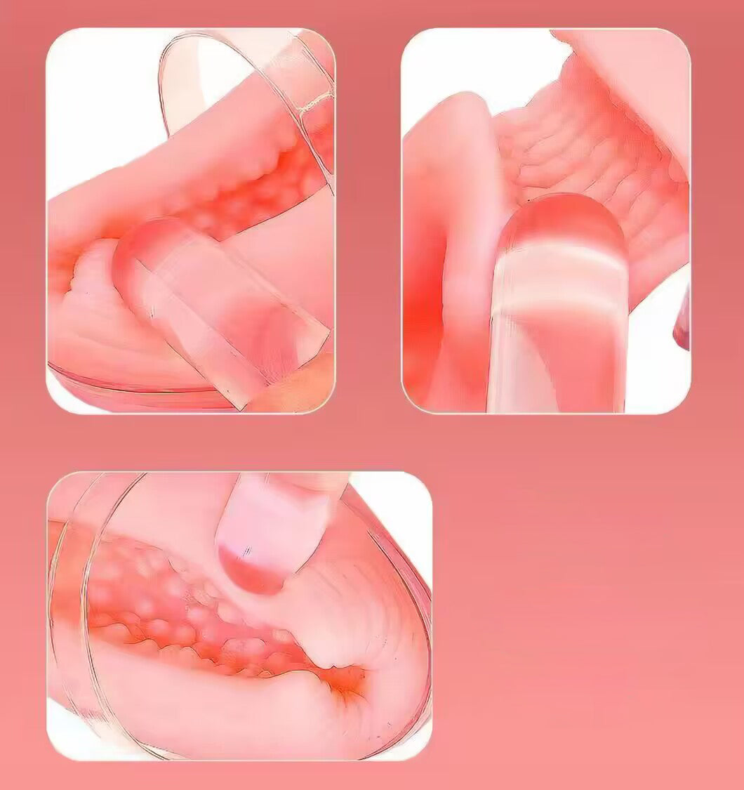 Three macro close-up images of the male stroker cup internal tunnel, detailing rows of intense stimulating ribs and soft nodules.