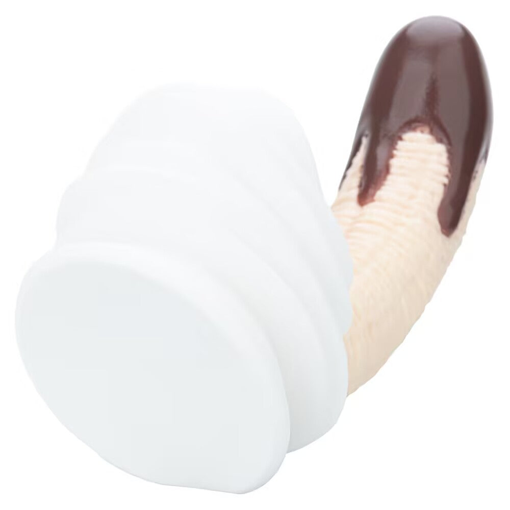 Bottom view of the flat, heavy-duty suction cup base on the banana split dildo for hands-free placement.