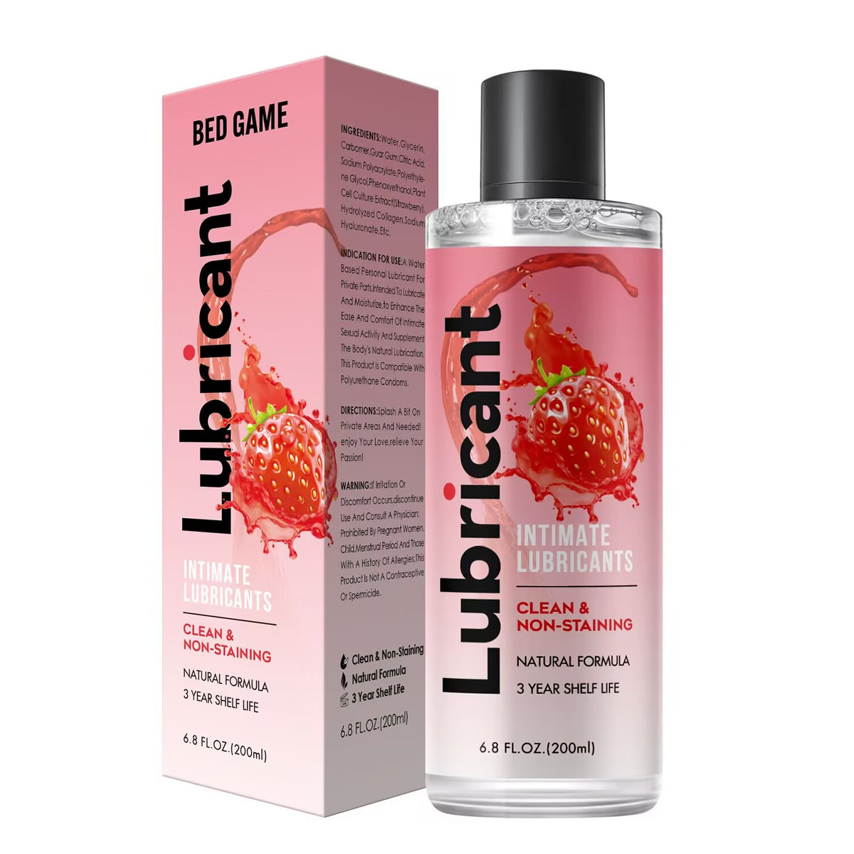 Strawberry flavored water based personal lubricant bottle and package box for couples 200ml