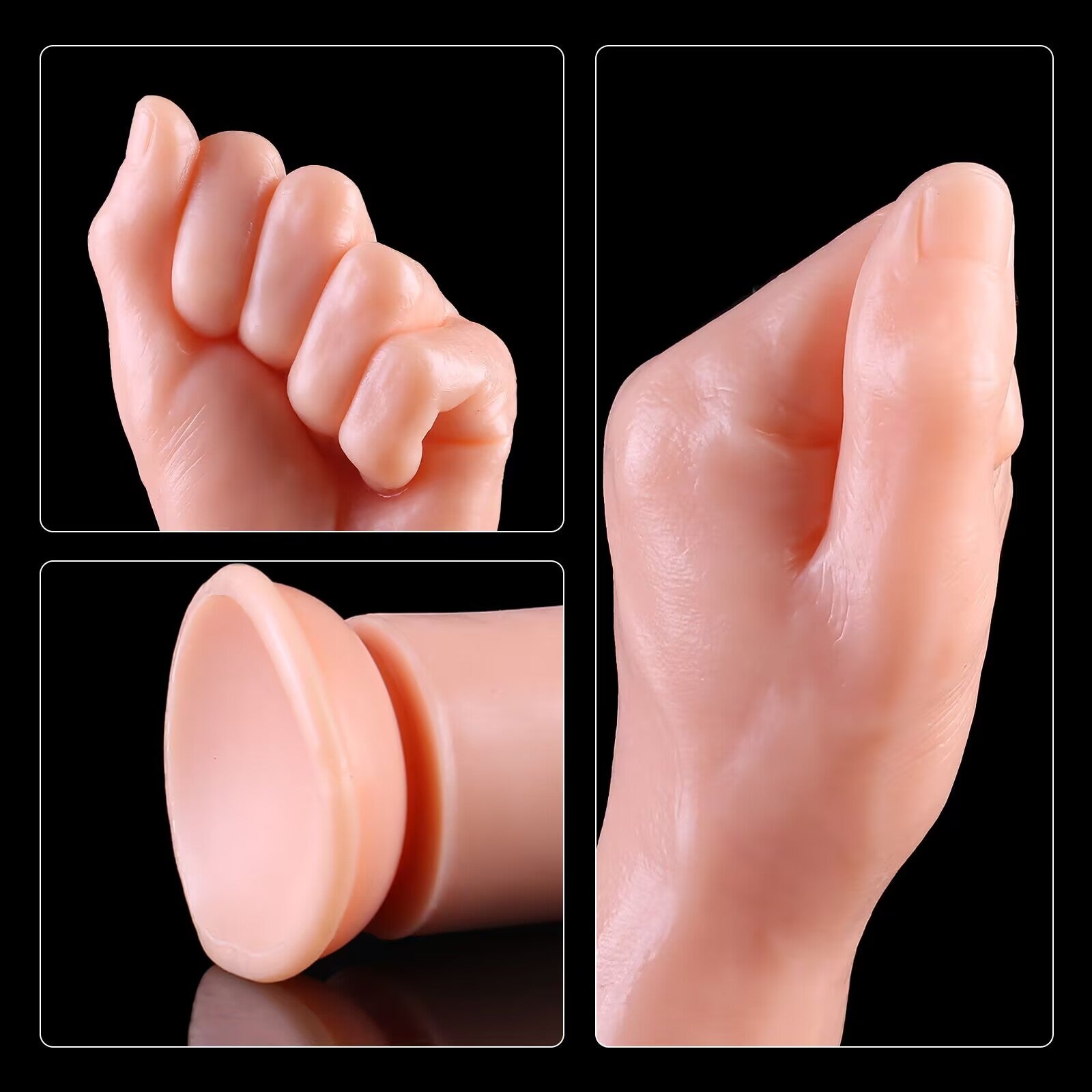 Detailed close-up panels of a flesh-toned realistic fisting dildo, highlighting the realistic clenched fingers, defined wrist structure, and the wide suction vacuum base.