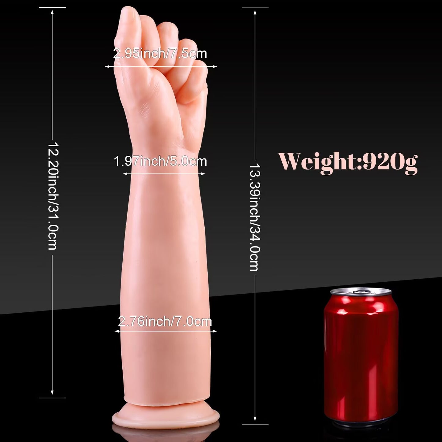 Size comparison chart for a flesh-colored realistic clenched fist dildo, showing a total height of 34.0cm (13.39 inches), insertable length of 31.0cm (12.20 inches), and a heavy weight of 920g next to a soda can.