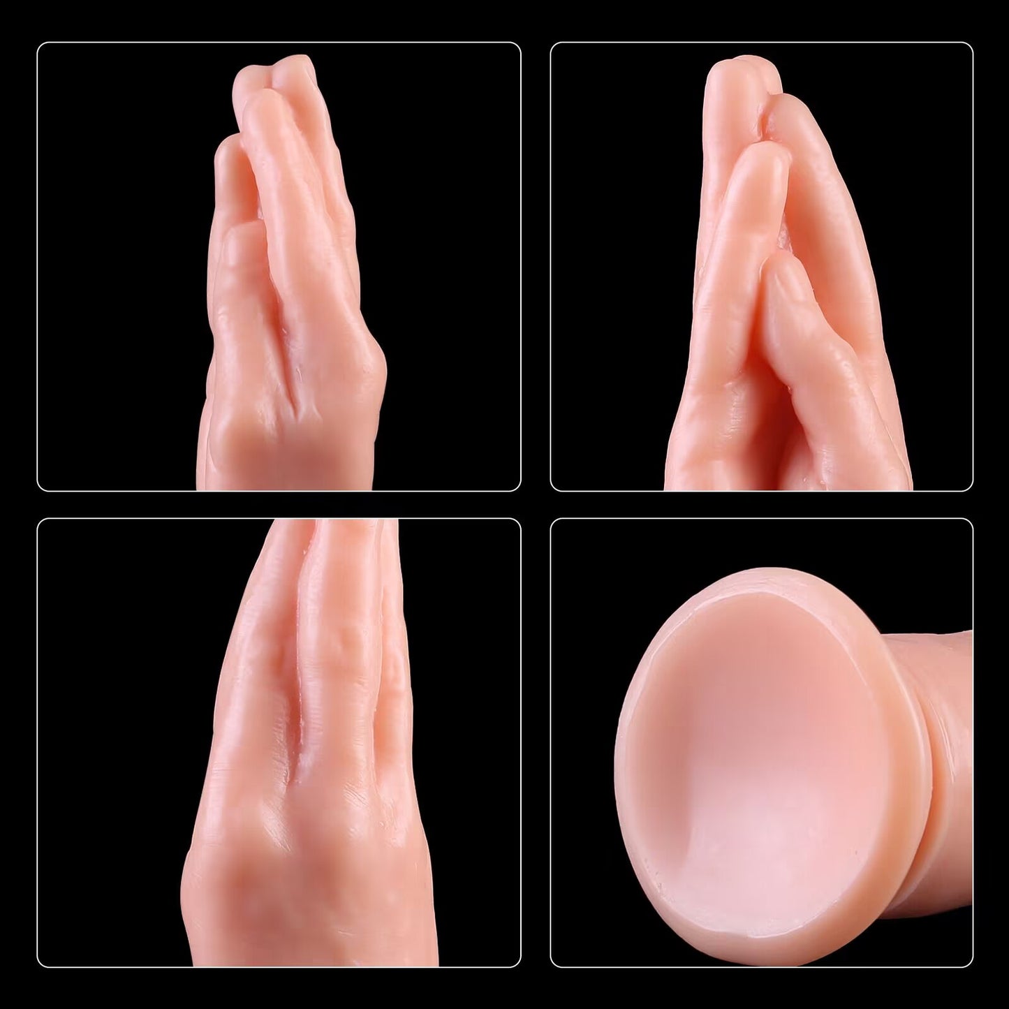 Close-up feature views of a flesh-toned tapered hand dildo, showing the smooth guiding tip, realistic finger alignment, and the sleek suction cup base design.