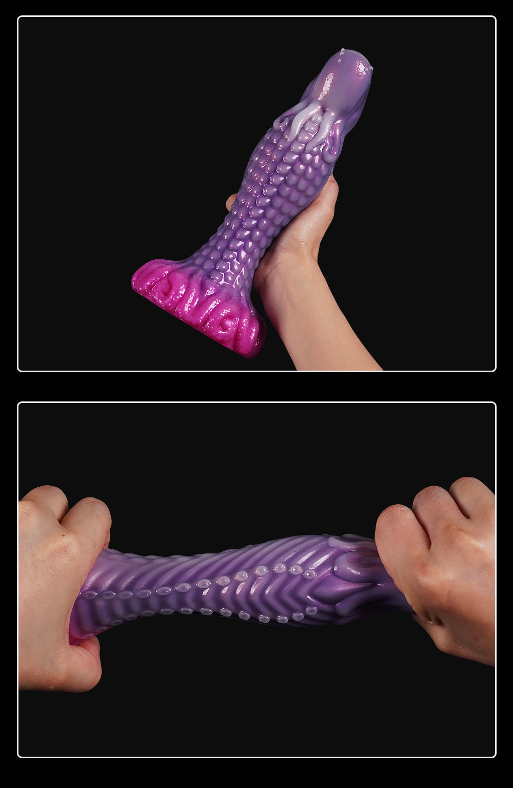 Hand squeezing a flexible purple silicone fantasy dildo to show softness.
