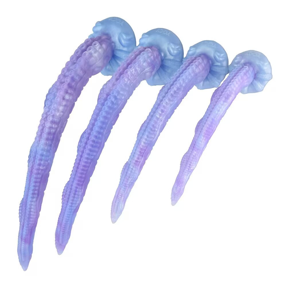 Four curved purple creature tentacle sex toys with light blue suction cup bases on a pure white background.