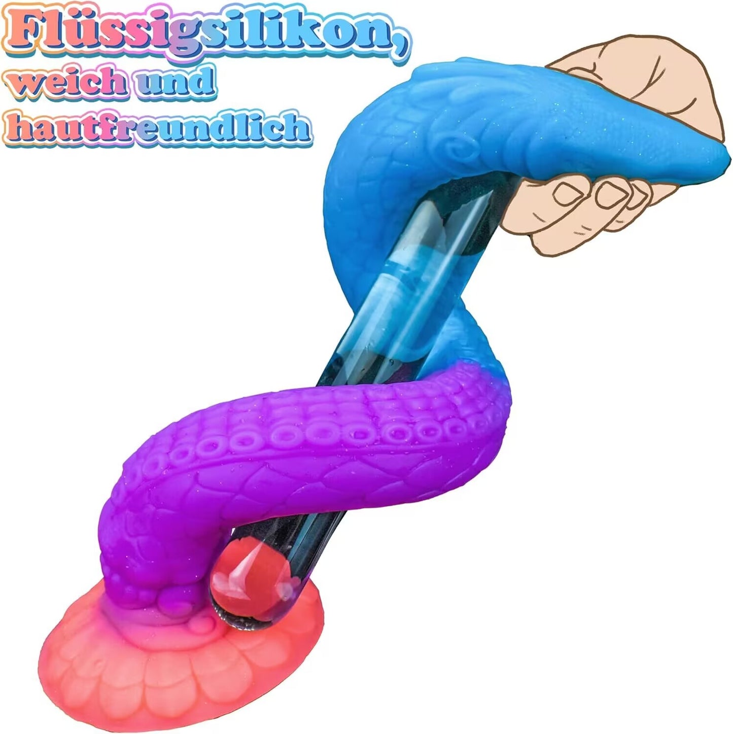A flexible, soft liquid silicone gradient monster dildo being wrapped around a glass tube to demonstrate its skin-friendly flexibility.