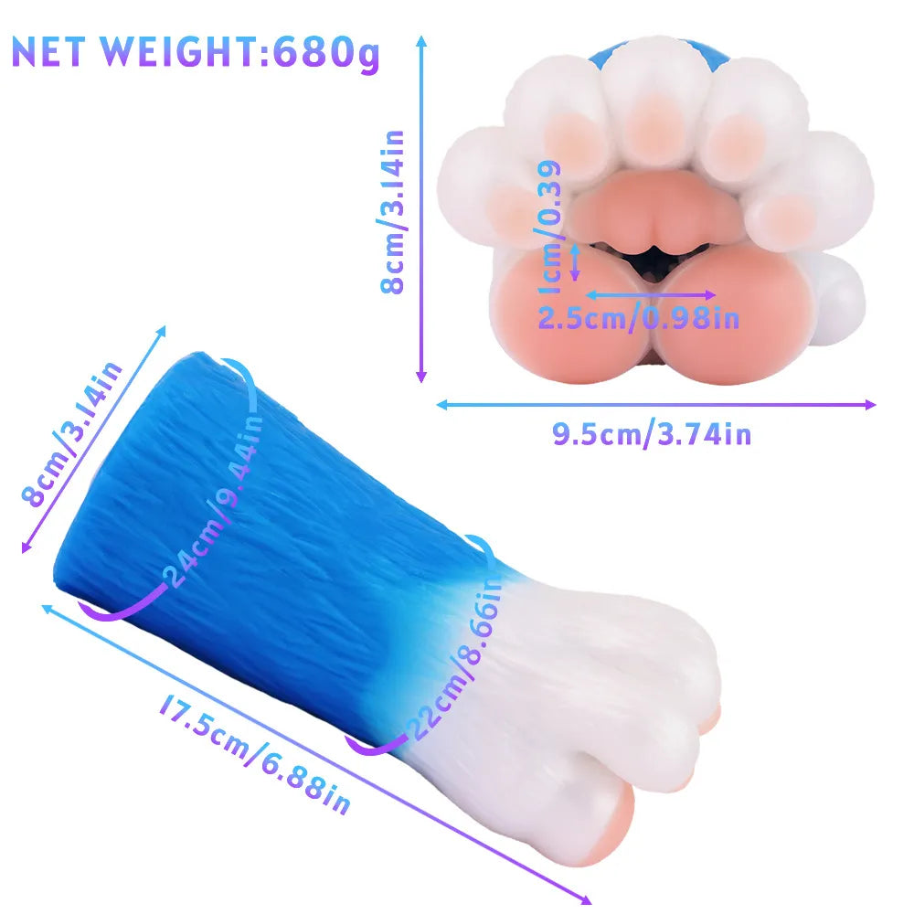 Product dimension diagram of the blue and white Furry beast paw male masturbator showing 680g net weight, 17.5cm length, and 9.5cm width.