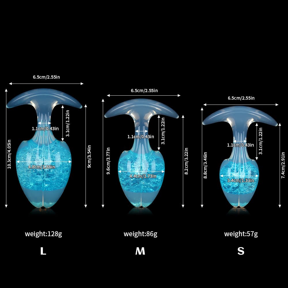An informative size guide displaying heights, widths, and weights for frozen blue crackle plugs across Small, Medium, and Large sizes
