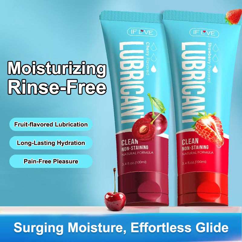 Fruit-flavored water-soluble personal lubricant tubes in strawberry and cherry flavors for long-lasting hydration