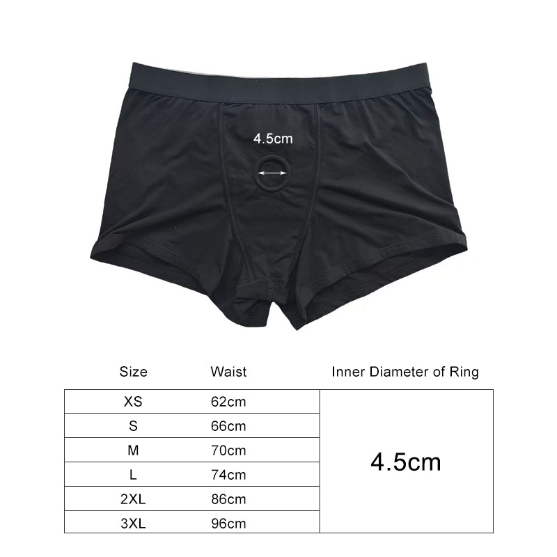 Comprehensive size chart for FTM packing underwear ranging from XS to 3XL with waist and 4.5cm O-ring inner diameter specifications.
