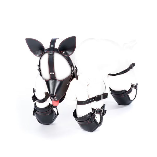 Full body costume set including K9 hood mask, crawling pads, and restraint straps.