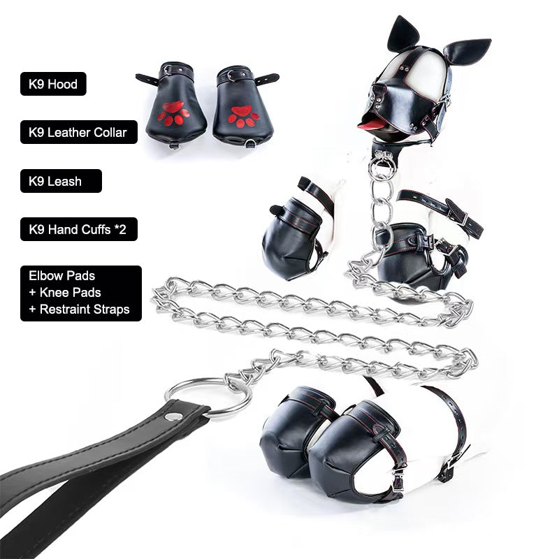 Complete K9 cosplay set with dog hood, leather collar, chain leash, paw mitts, and protective pads.