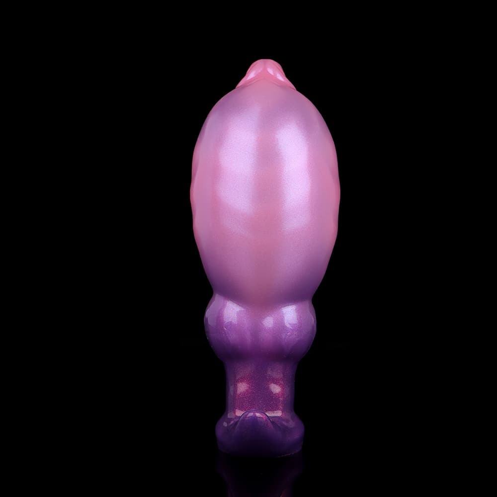 Back view of the fantasy butt plug fully inflated into a large bulbous shape, showcasing maximum size expansion for size training.