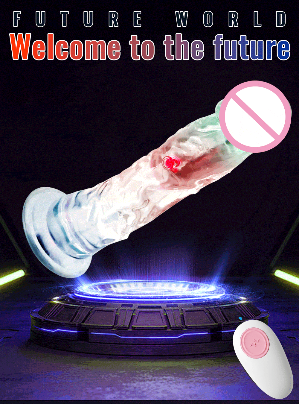 Futuristic illuminated crystal vibrating dildo glowing on a lighted pedestal with wireless remote.