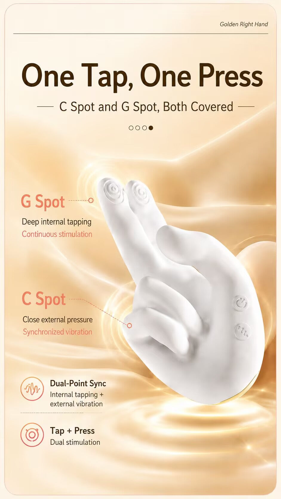 Infographic showing the dual-point synchronization of the finger massager targeting G-spot with deep internal tapping and C-spot with close external pressure vibration.