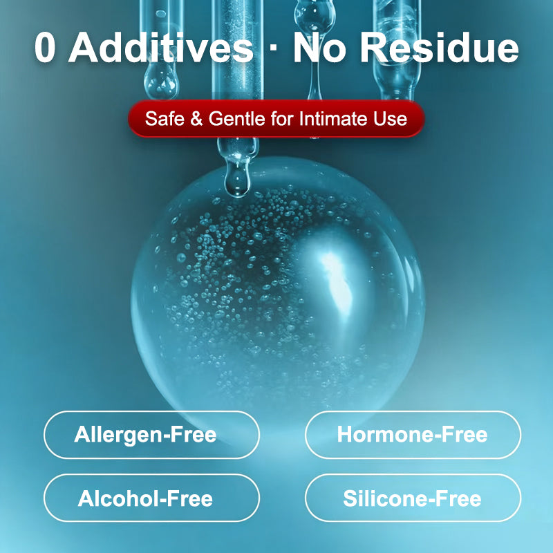 Safe intimate lubricant formula highlighting allergen-free, alcohol-free, hormone-free, and silicone-free benefits