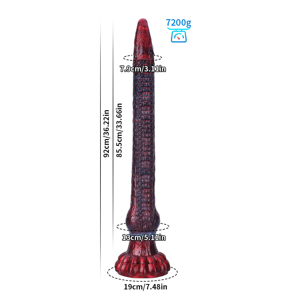 Premium 92cm mega monster size XXXL dragon tail dildo weighing 7200g, showing full height and diameter specifications for advanced size-queen enthusiasts.