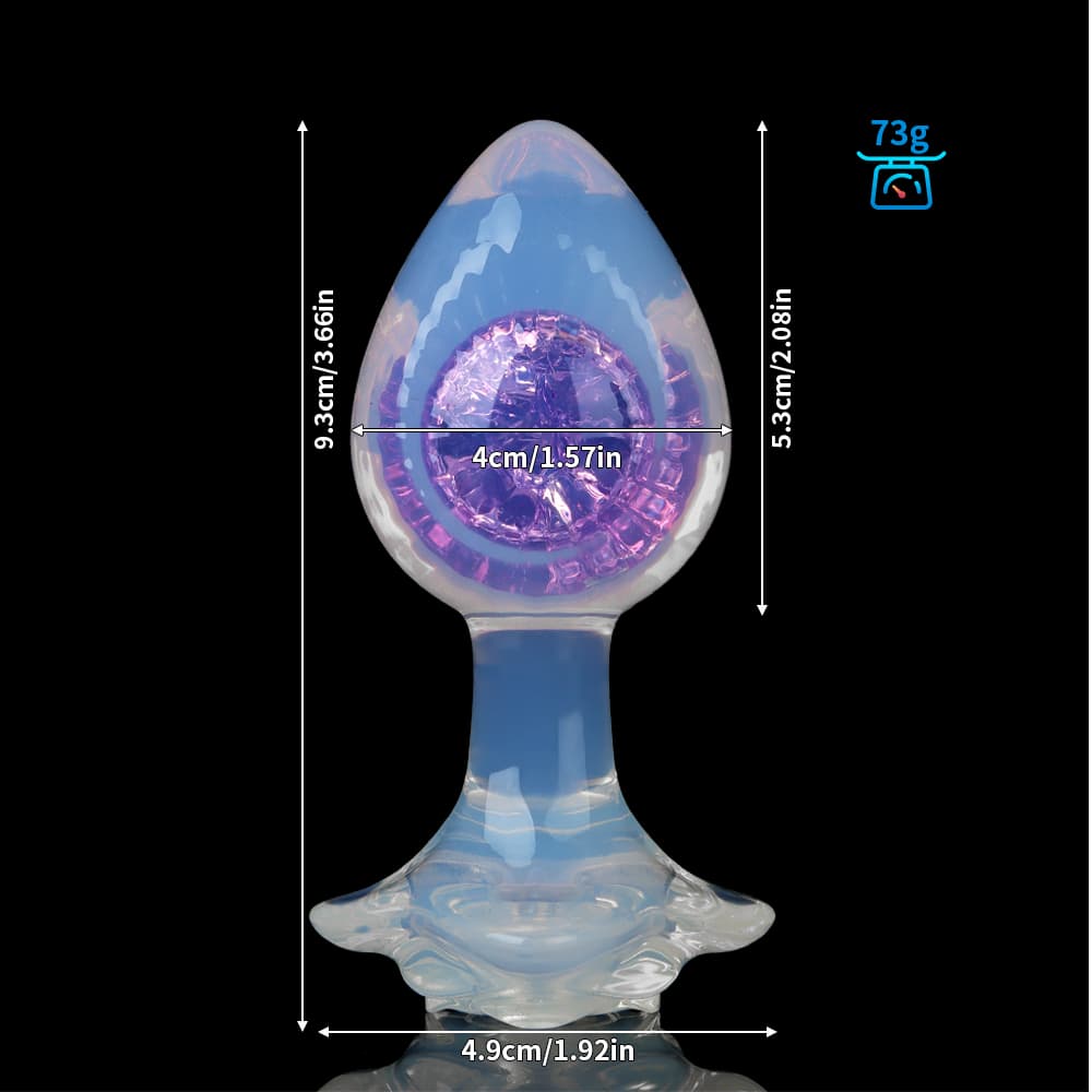 Detailed product size chart for the glass butt plug showing length of 3.66 inches and max width of 1.57 inches