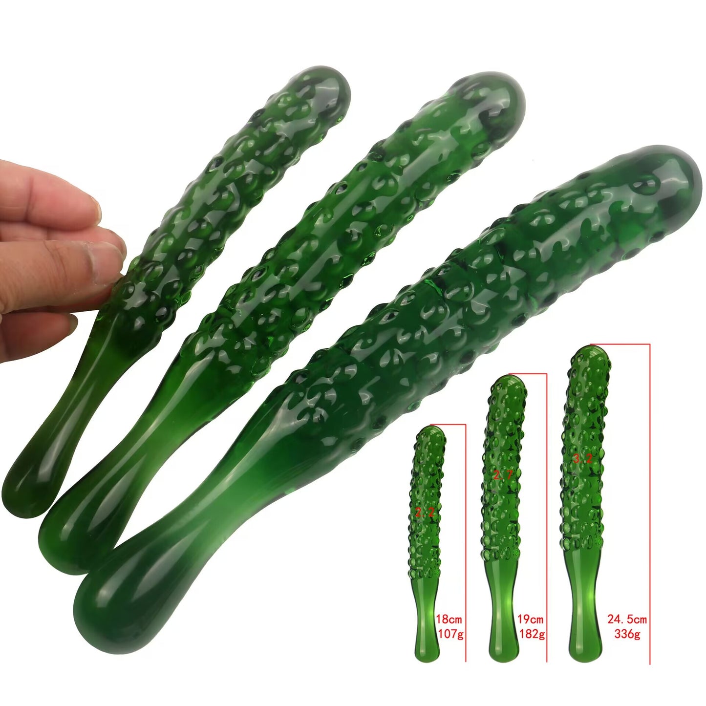 Textured green glass pickle massage wands shown in hand with small, medium, and large size measurements for comparison.