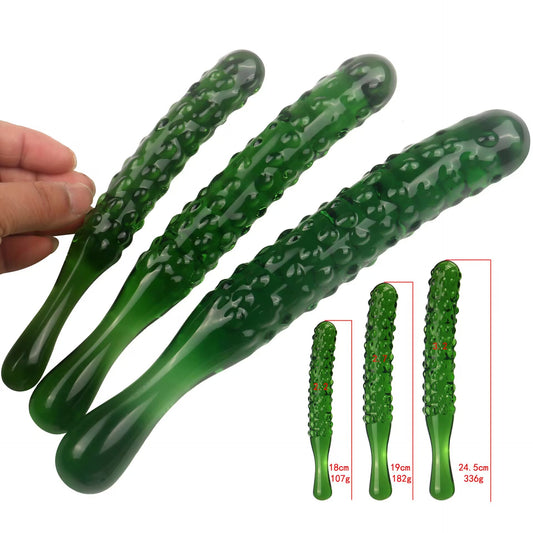 Textured green glass pickle massage wands shown in hand with small, medium, and large size measurements for comparison.