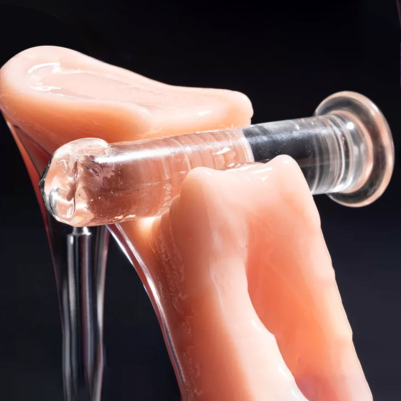 Glass wand inserted into the textured inner channel of the vibrating high heel male masturbator