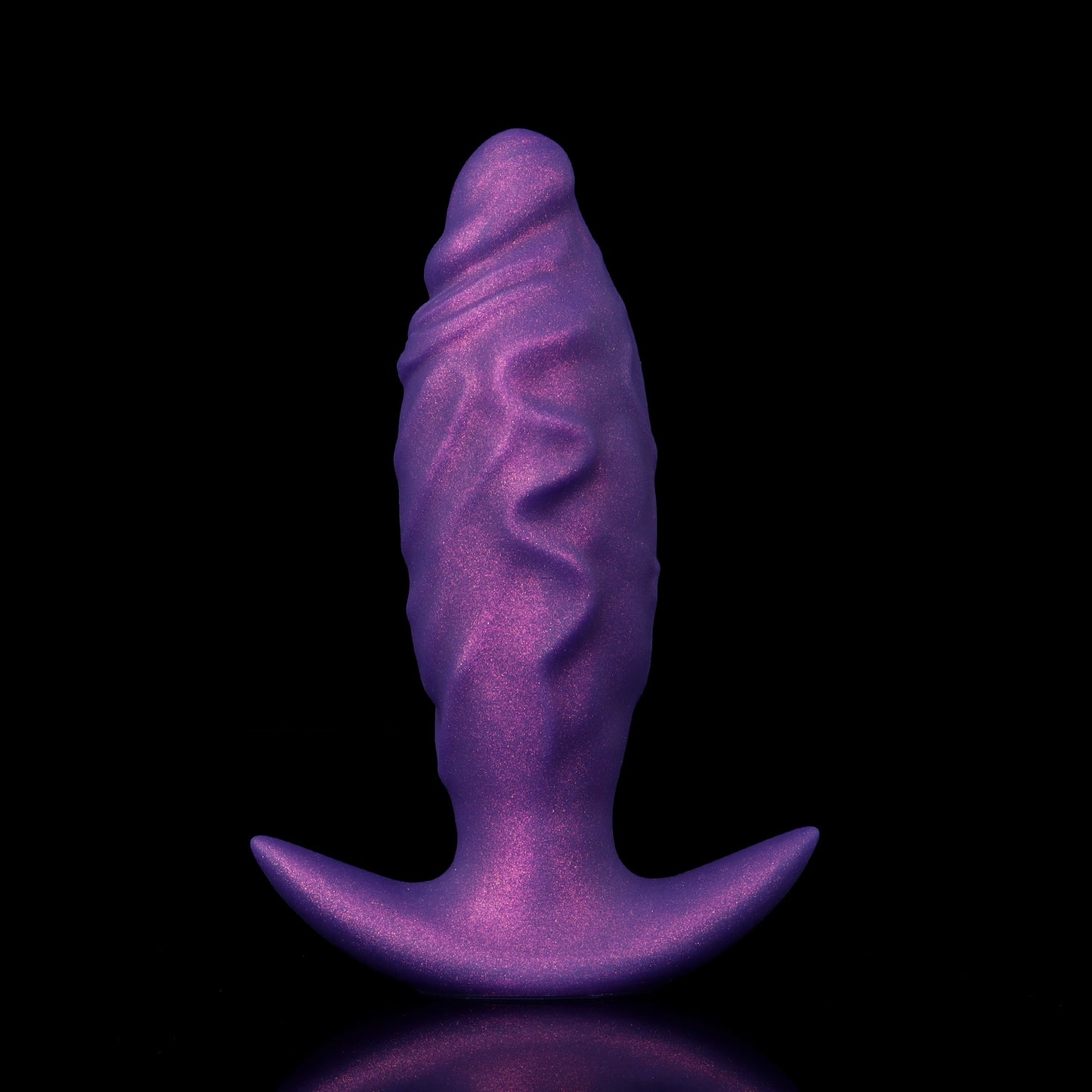 Front view of a blue and purple cosmic glitter inflatable sex toy with a unique textured alien spine design.