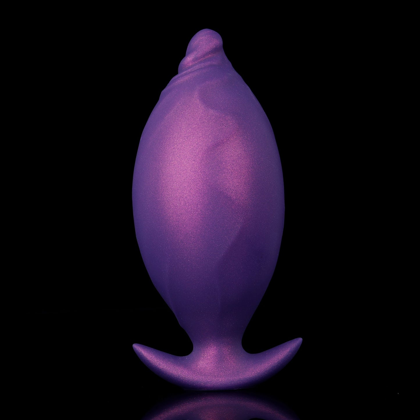 Front view of a blue and purple cosmic glitter inflatable sex toy with a unique textured alien spine design.