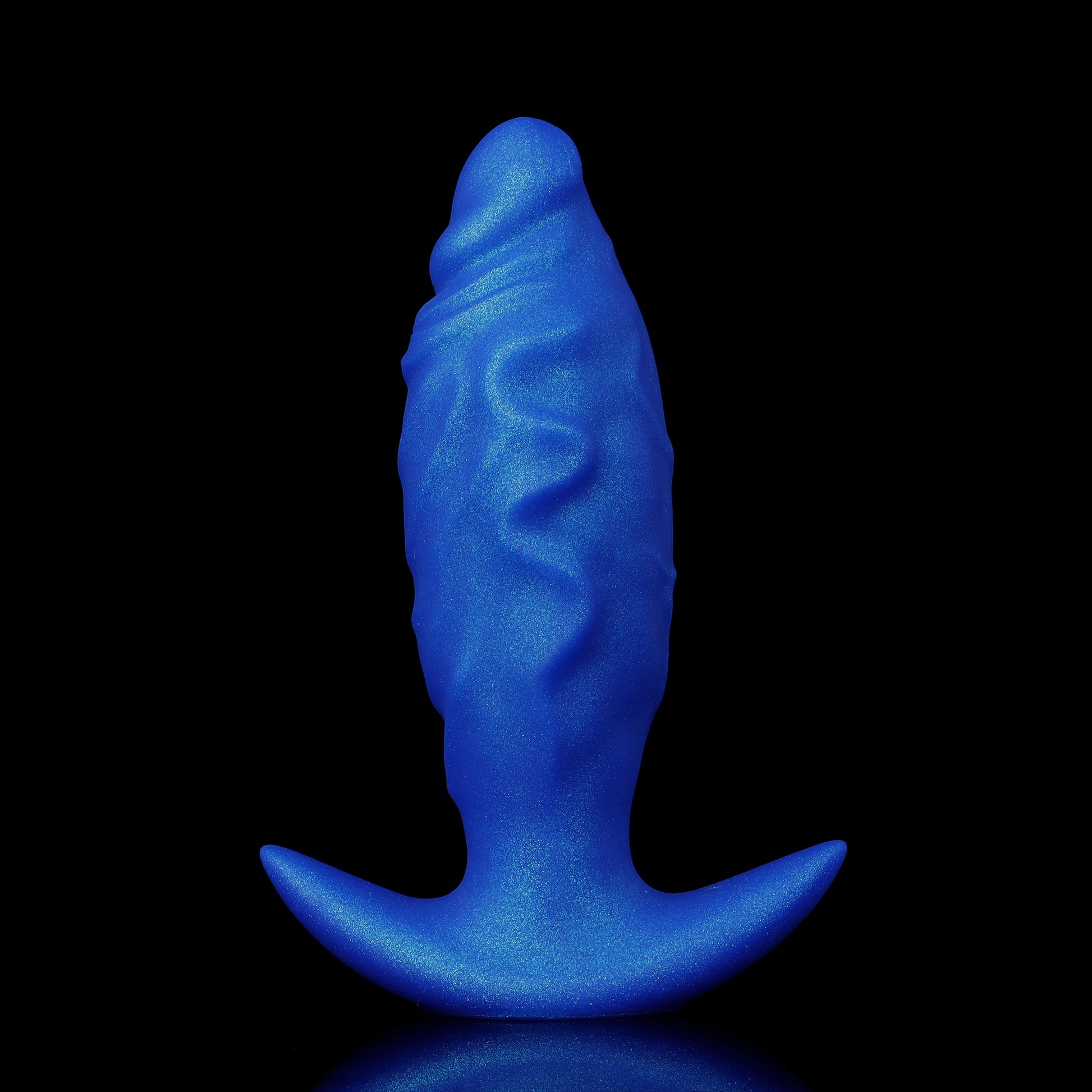 Front view of a blue and purple cosmic glitter inflatable sex toy with a unique textured alien spine design.