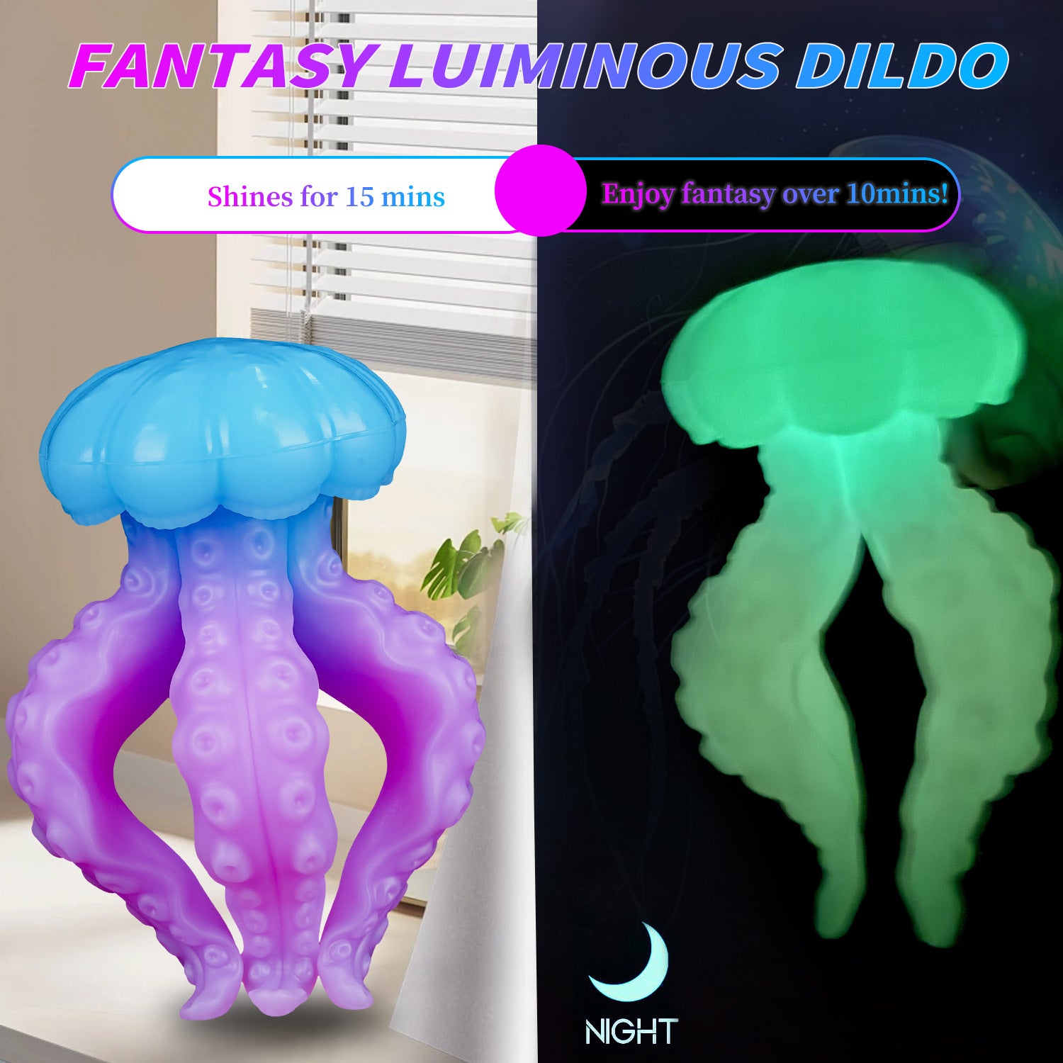 Comparison of the fantasy toy in daylight and glowing green in the dark.