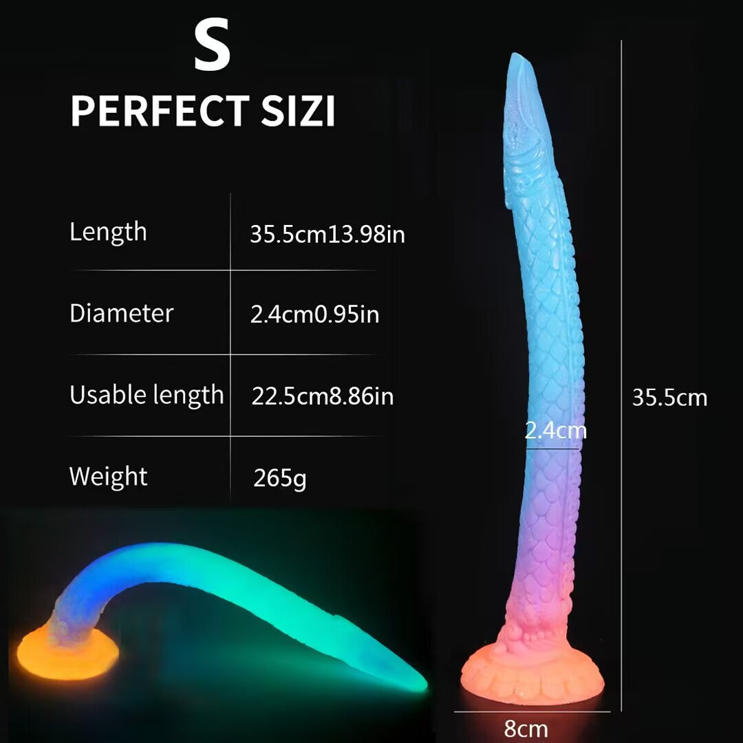 Size Small glow-in-the-dark dragon tail adult toy with full size measurements including total length thirty-five point five centimeters and glowing neon blue effect.