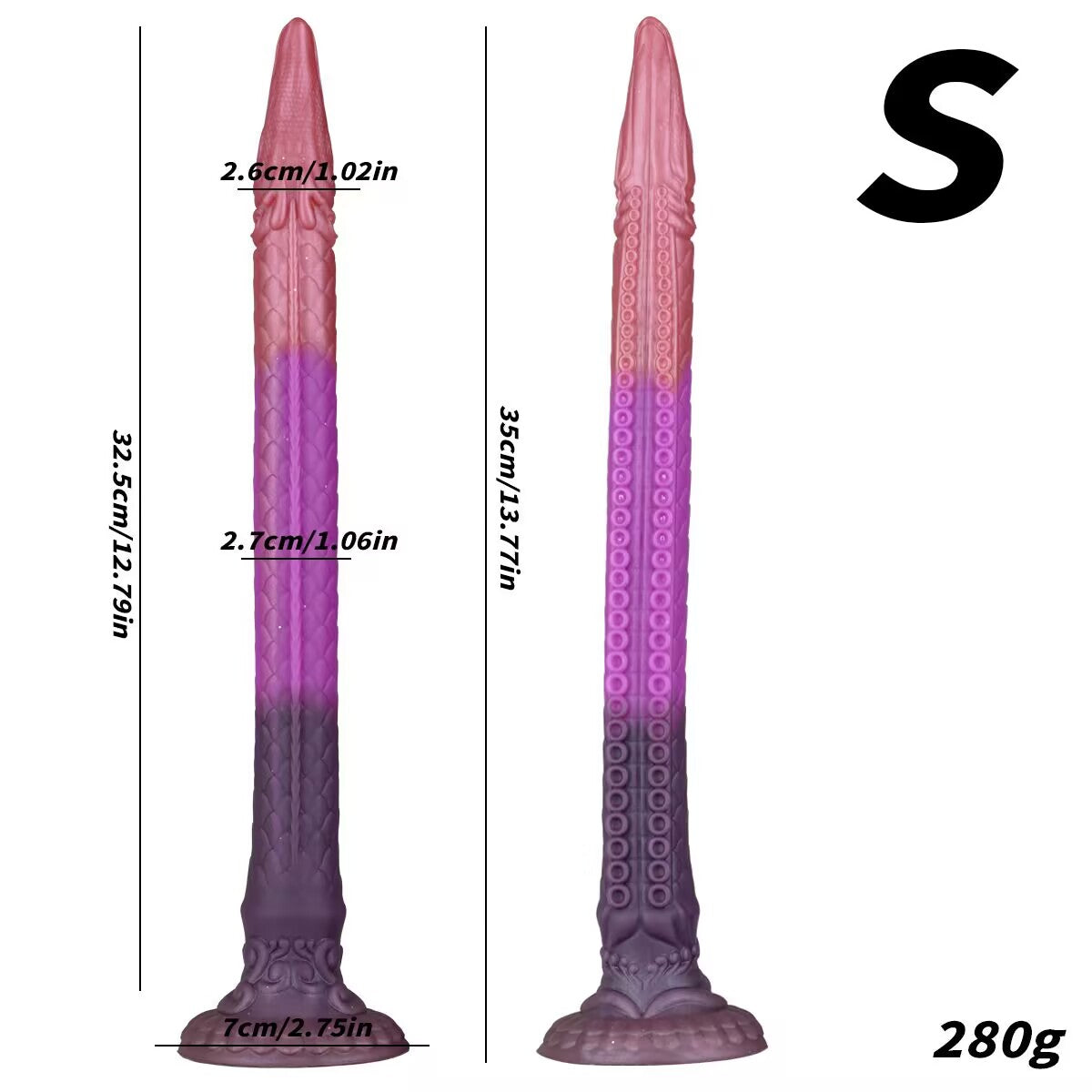 Size Small glow-in-the-dark dragon tail adult toy with full size measurements including total length thirty-five point five centimeters and glowing neon blue effect.