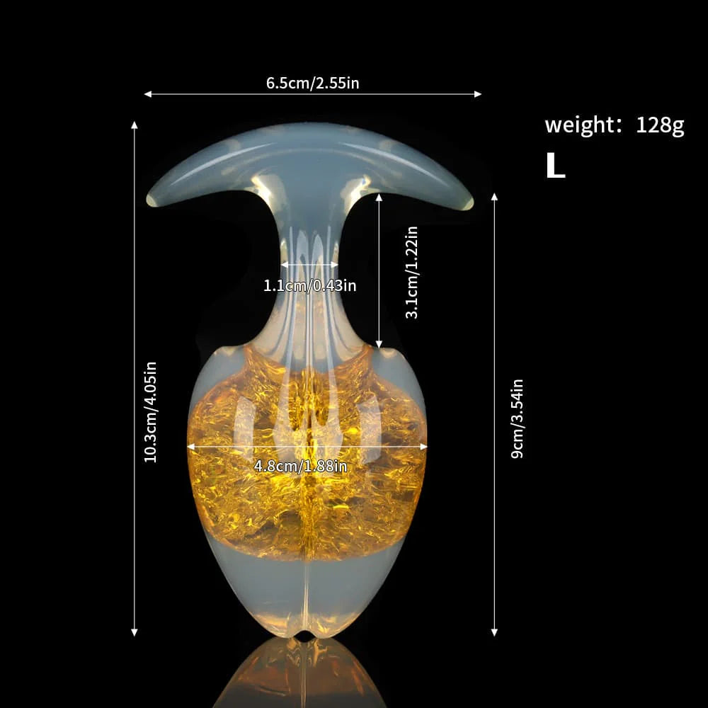 Comprehensive dimension diagram for the large-sized golden amber crackle plug, showing full specifications and weight.