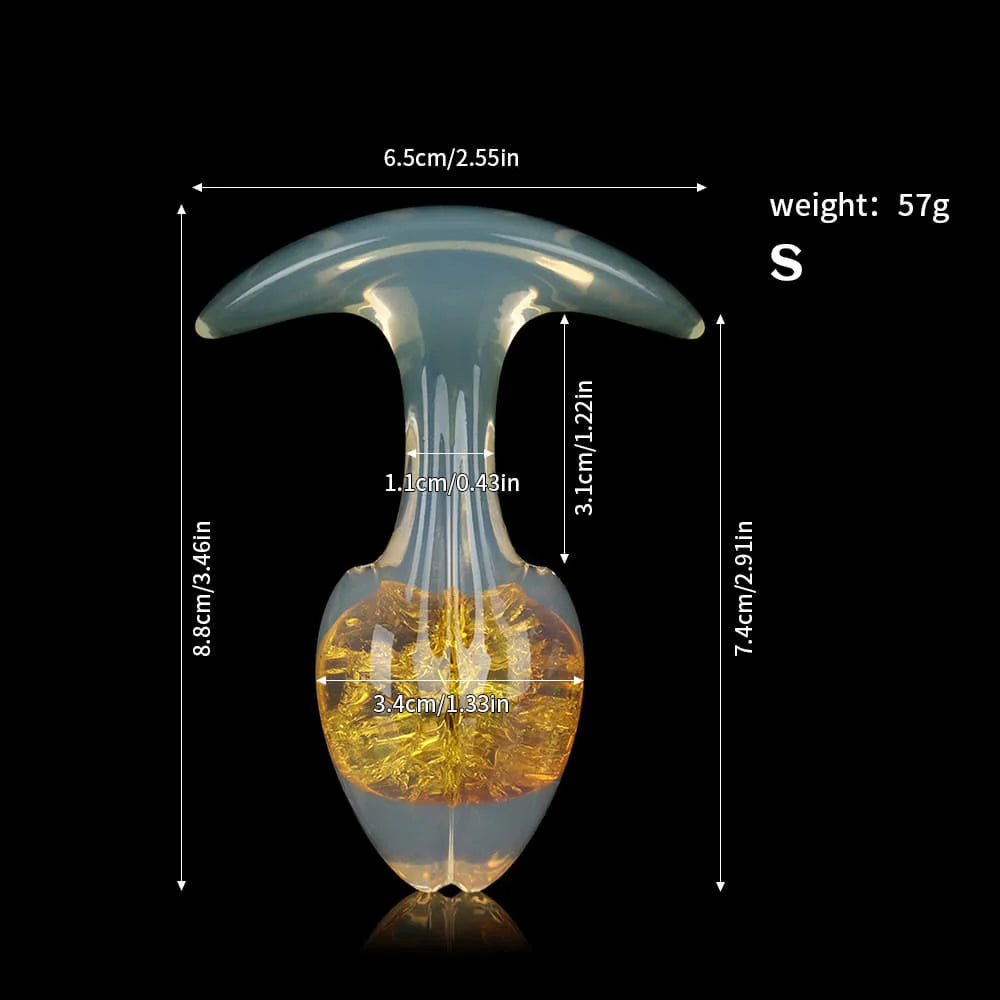 Detailed size chart for the small-sized golden amber crackle plug, including height, neck width, and weight.