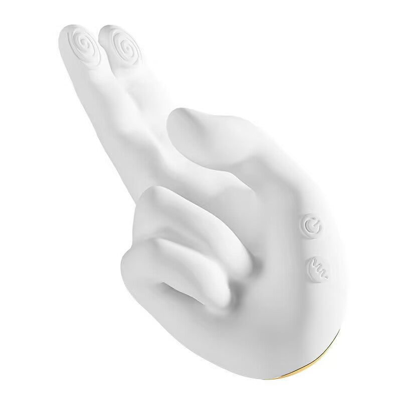 Isolated premium white liquid silicone finger-shaped vibrator on a pure white background. The ergonomic hand-gesture design features two extended tapping fingers with swirling textured tips, a curved thumb vibration zone, independent control buttons, and a luxury gold metal base.