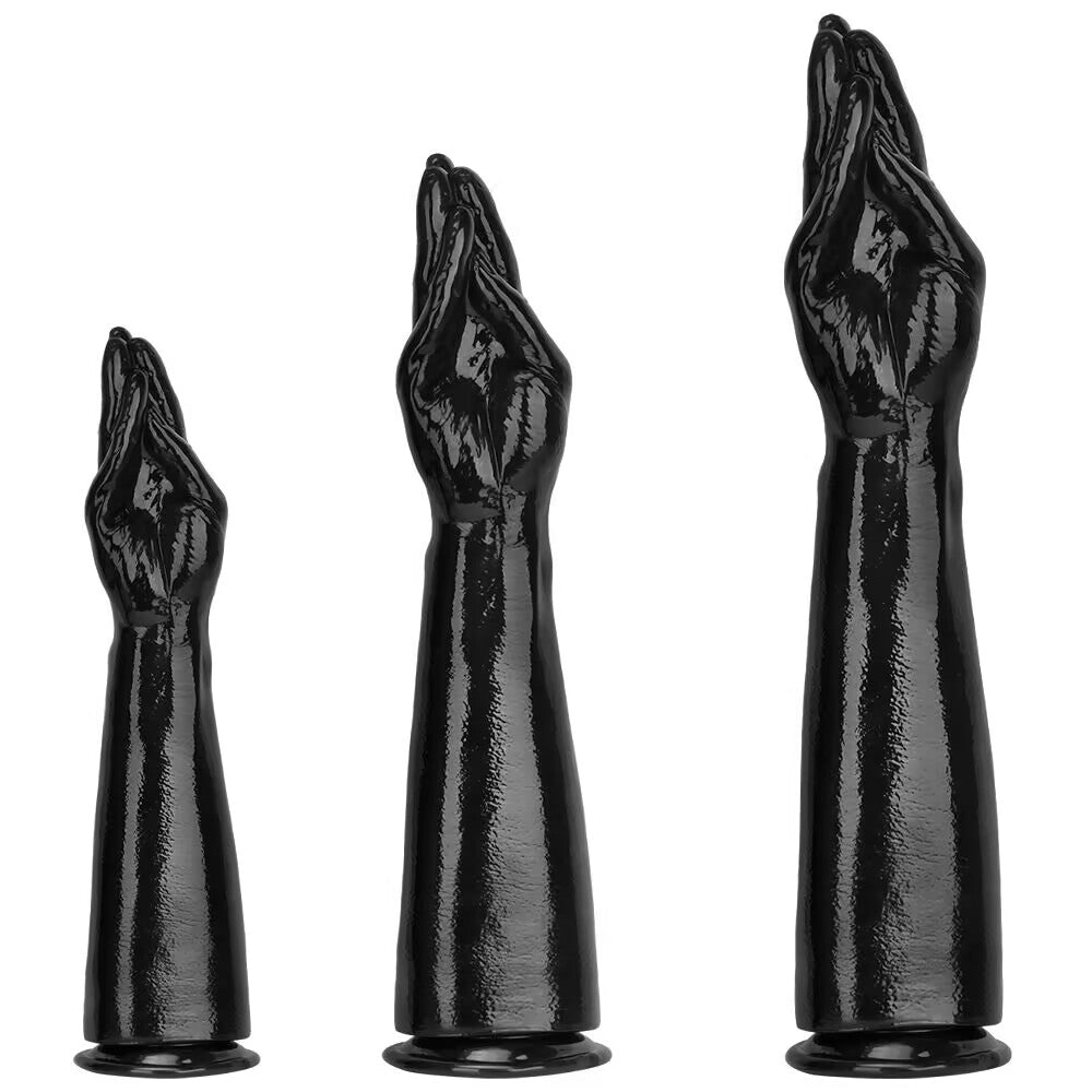 Three different sizes (Small, Medium, Large) of high-gloss black gothic prayer hand and arm dildos side by side against a white background.